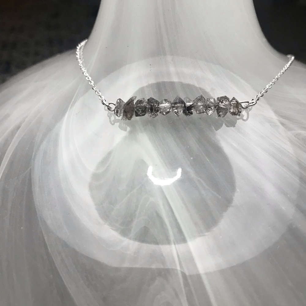 Dusty Carbon Raw Herkimer Diamond Silver Necklace